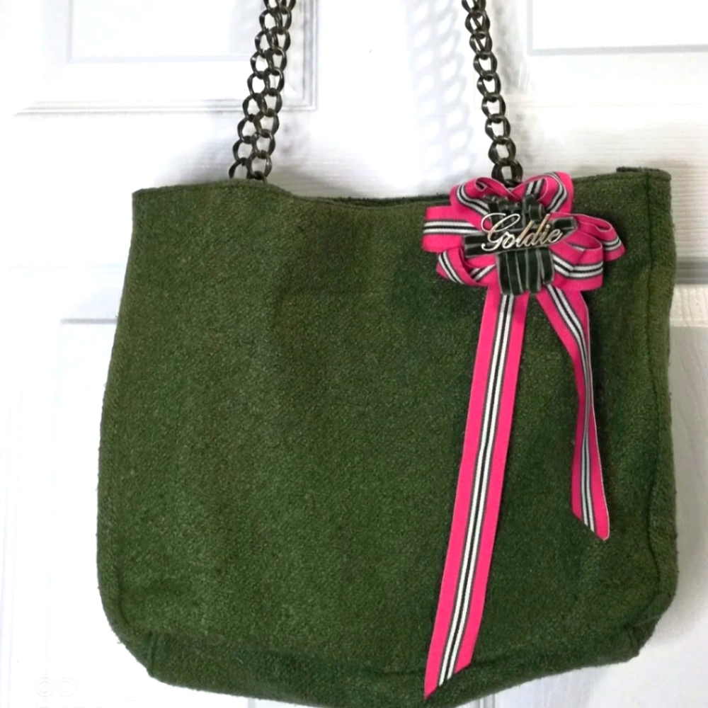 Vintage Goldie Green Tweed Purse Chain Straps Shoulder Bag